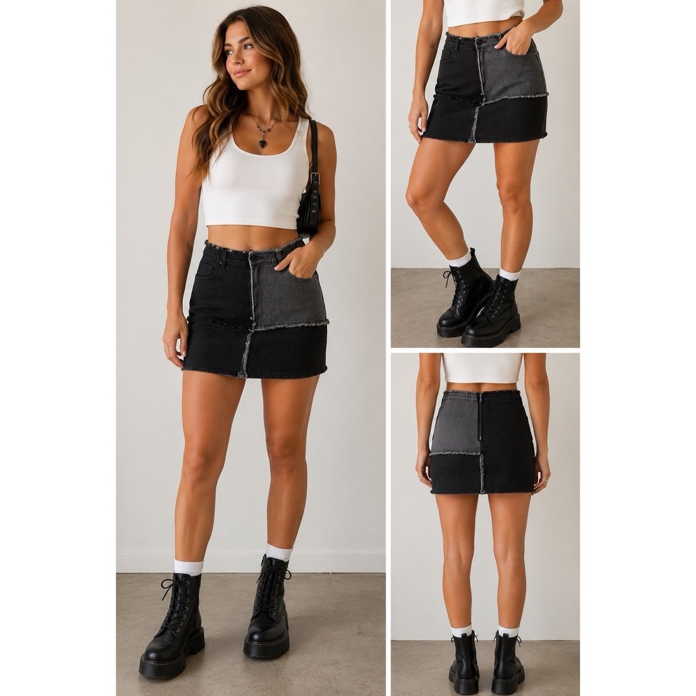 Blue Blush Color Block Denim Mini Skirt Frayed Raw Hem Grunge Small Streetwear
